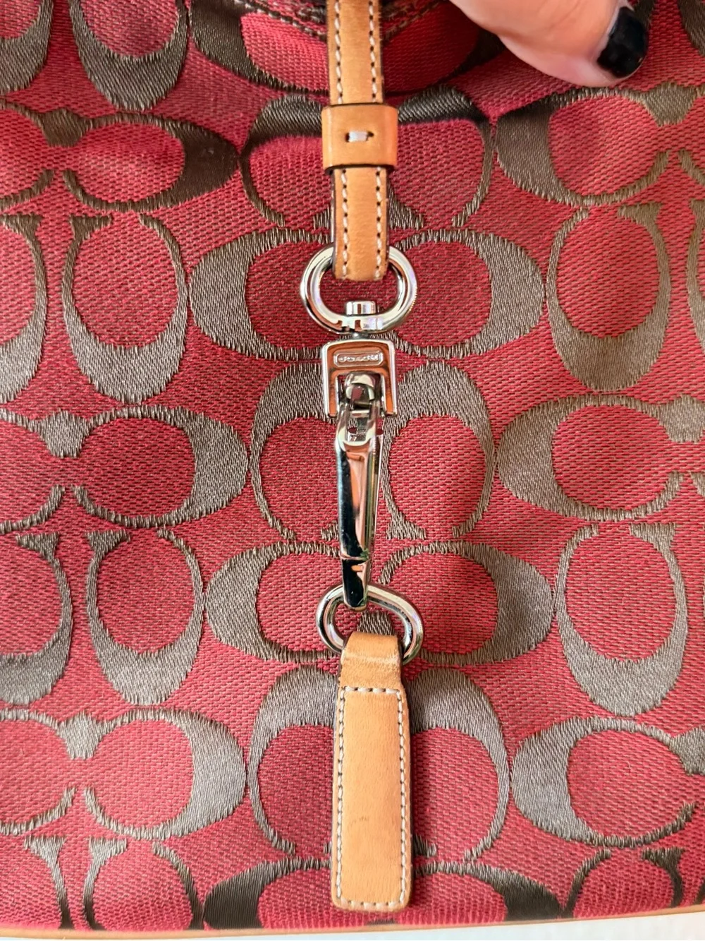 Coach Red Signature Canvas Shoulder Bag with Tan Trim
